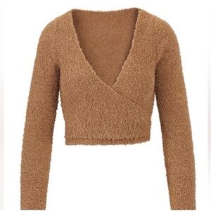 SKIMS Cozy Knit Wrap Top with Tie Long Sleeve Cropped Tan/Camel Size L/XL